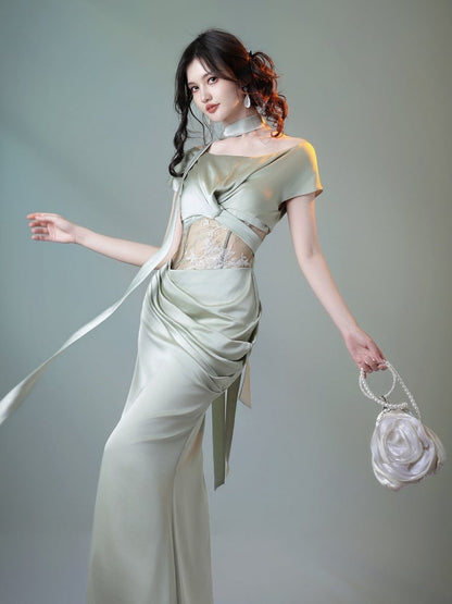 Green Satin Fish Tail Dress with Self-Tie Strap and Lace Waist - sijinstudio