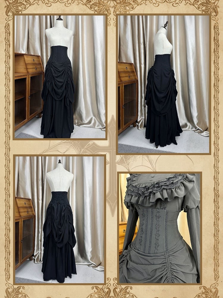 Skirt Boned Lolita High Black Gothic Victorian Drawstring Aristocrat Waist