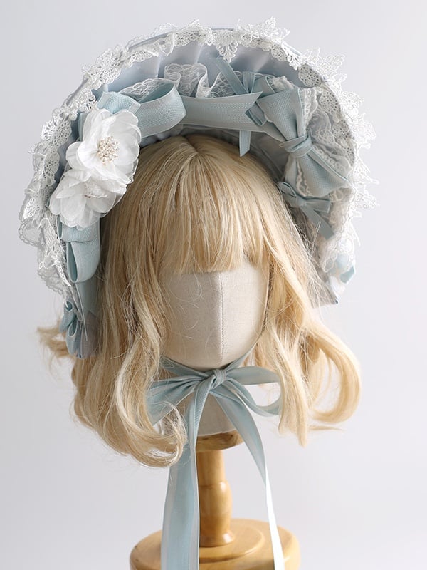 Flower Blue With Lolita Lace-Trimmed Gorgeous Sweet Light Bows Bonnet