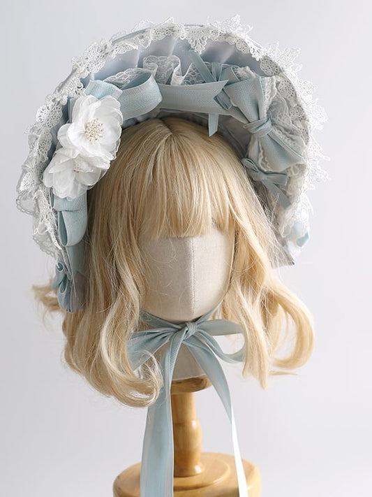 Flower Blue With Lolita Lace-Trimmed Gorgeous Sweet Light Bows Bonnet