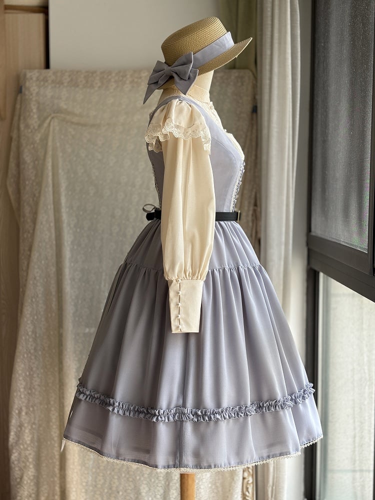 Light Gray Elegant Classic Lolita JSK Dress with Ruffled Front Placket and Lace Trim