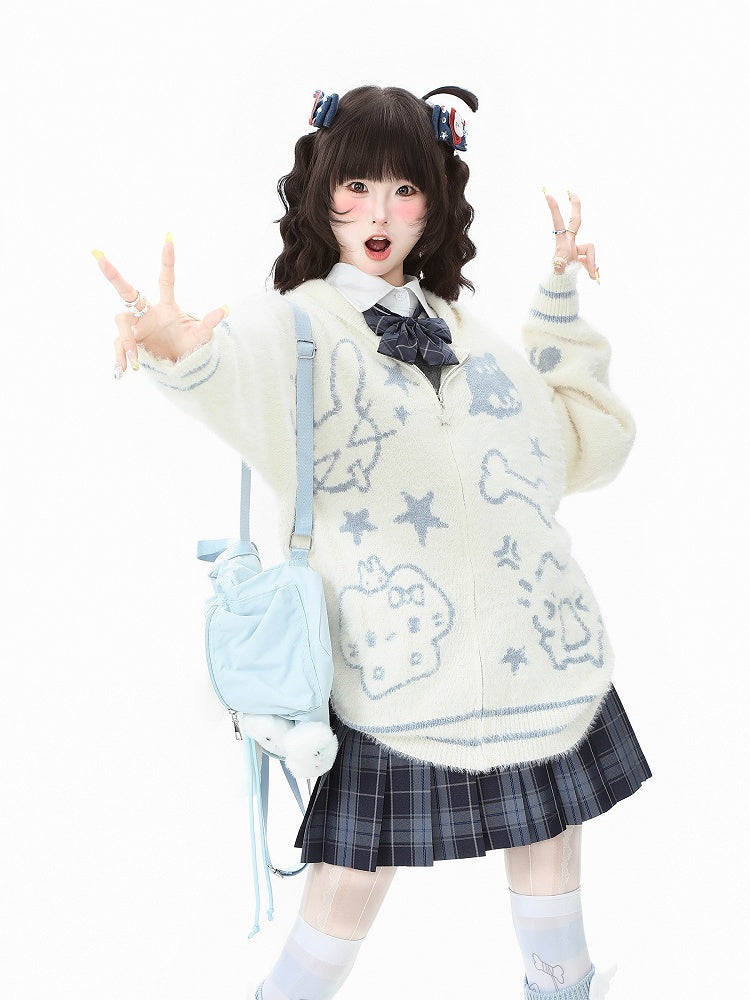 Patterns White/Black Hood Cat Animal Ear Plush Jacket with Adorable