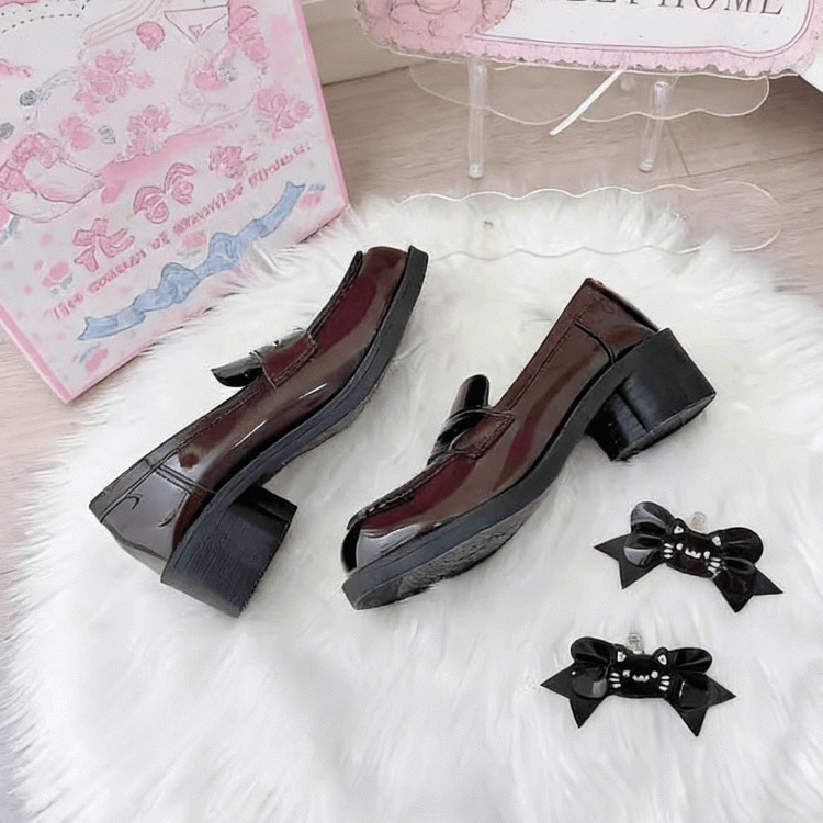 School-style Accents Paw PU Cat Bow Decor with Heels Loafers Mid-heel Brown 5cm