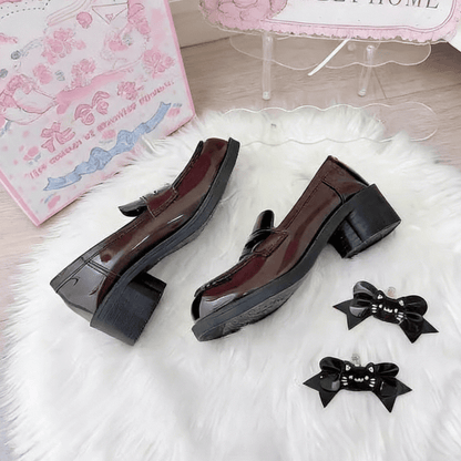 School-style Accents Paw PU Cat Bow Decor with Heels Loafers Mid-heel Brown 5cm