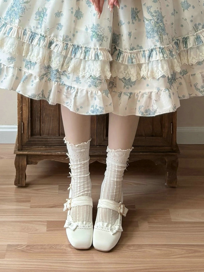 Mary Straps - White Janes Low/Mid Cutouts Elegant Lolita Pleated with Heel PU Floral