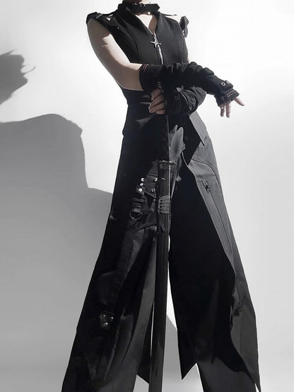Fashion All Set Ouji Top Full Belt Gothic Sleeveless Pants - Techwear Black + Apron