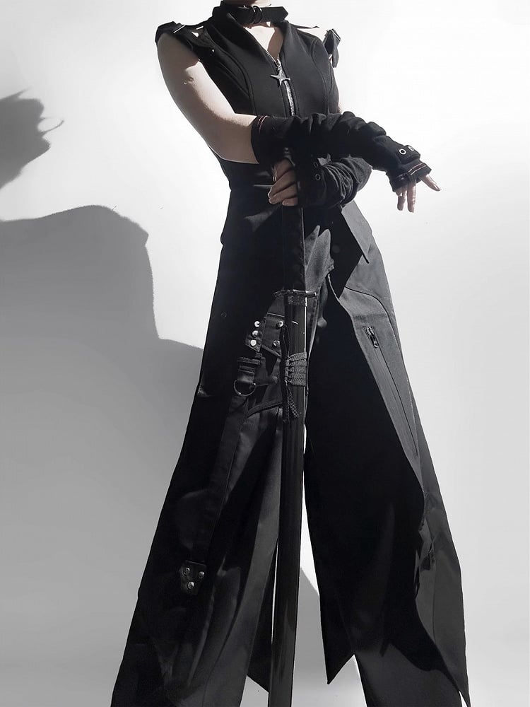 Schwarze Hose All + Techwear Top Set Ouji - Gürtel Ärmellos Mode Vollschürze Gothic