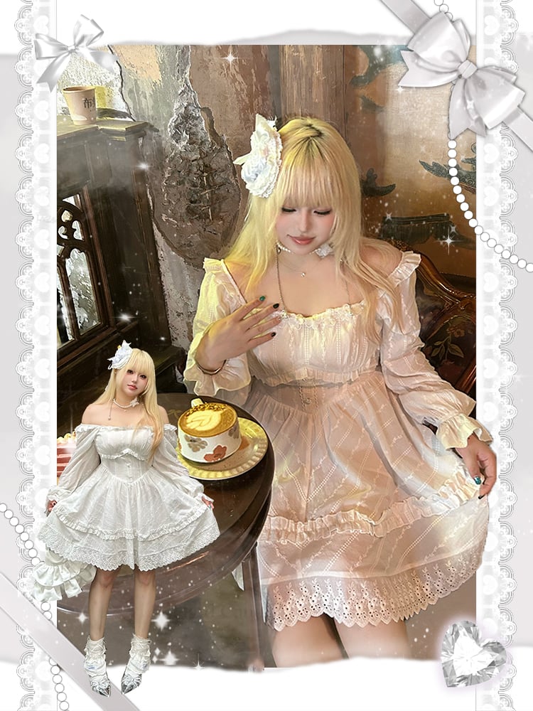 with Floral White Basque Waist Dress and Trim Lace Decoration Plus Neckline Size