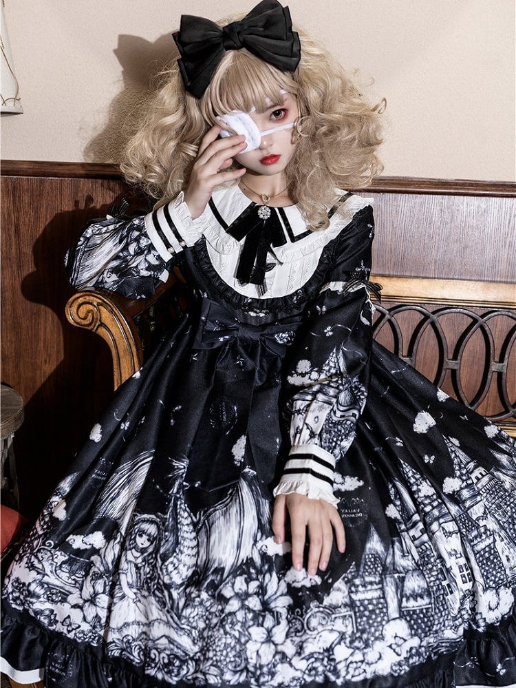 Castle Lolita OP Black Long-Sleeve Gothic Print Dress White