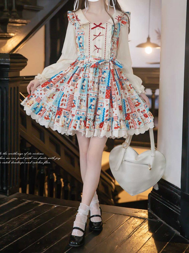 Red with Style Patchwork Long Lolita Blue Showa Dress: Sleeve Belt Sweet Waist Retro