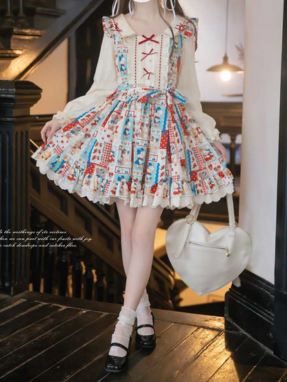 Red with Style Patchwork Long Lolita Blue Showa Dress: Sleeve Belt Sweet Waist Retro