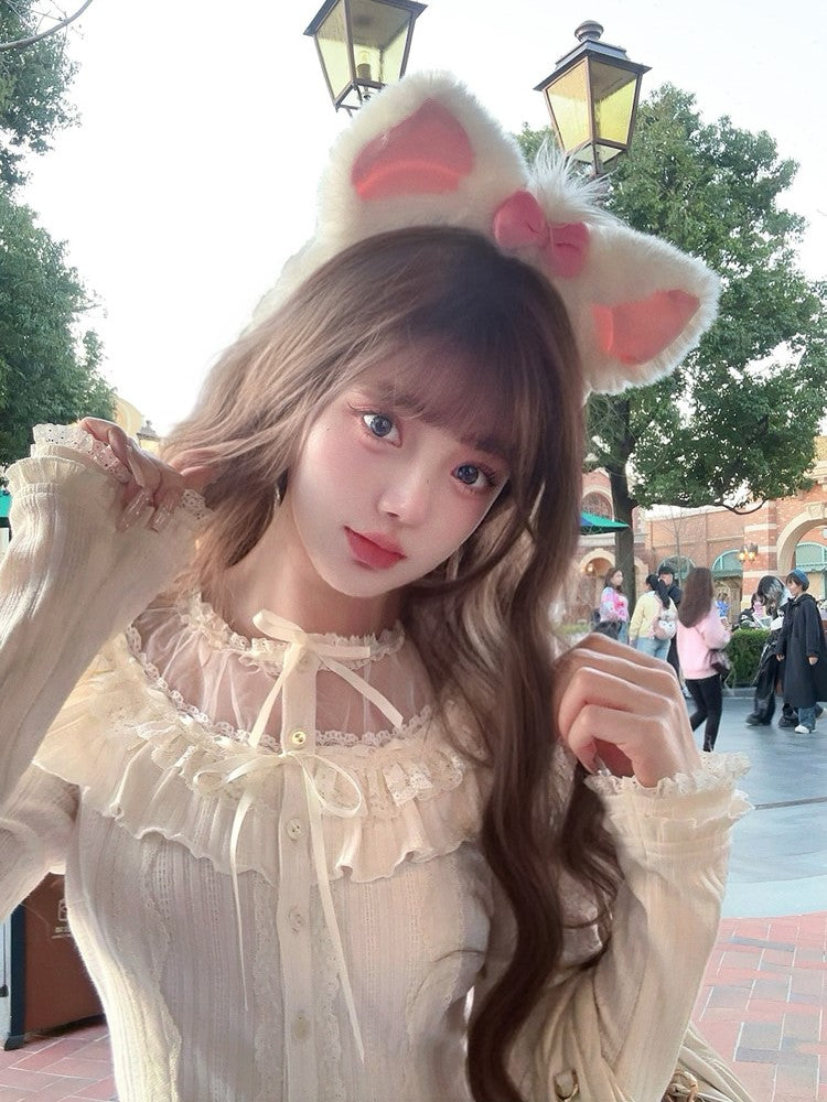 Vintage Strickschleife Weiße Strickjacke Rüschenspitze