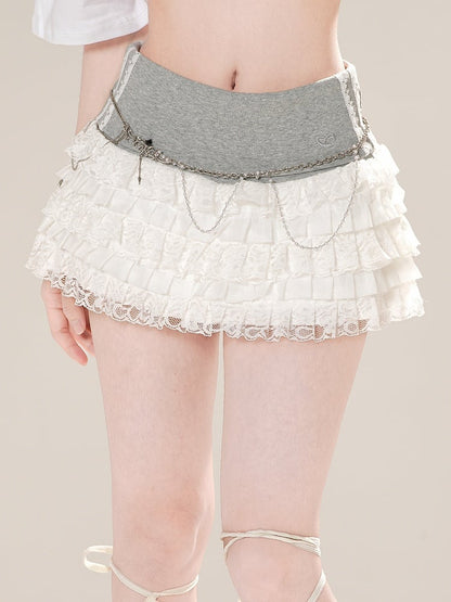 White Elastic Waist Lace Trim Mini Tiered Pleated Skirt and Gray