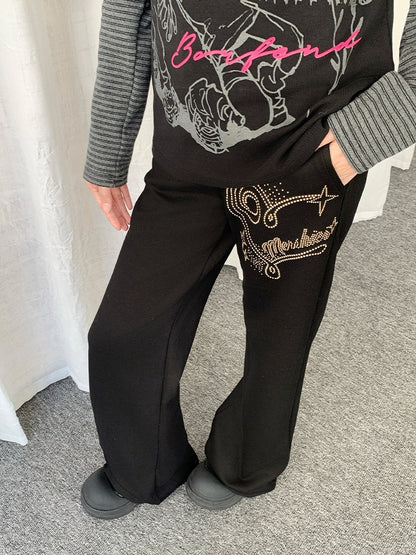 in Pants Black Drawstring Waist Accents with Flared Rhinestone