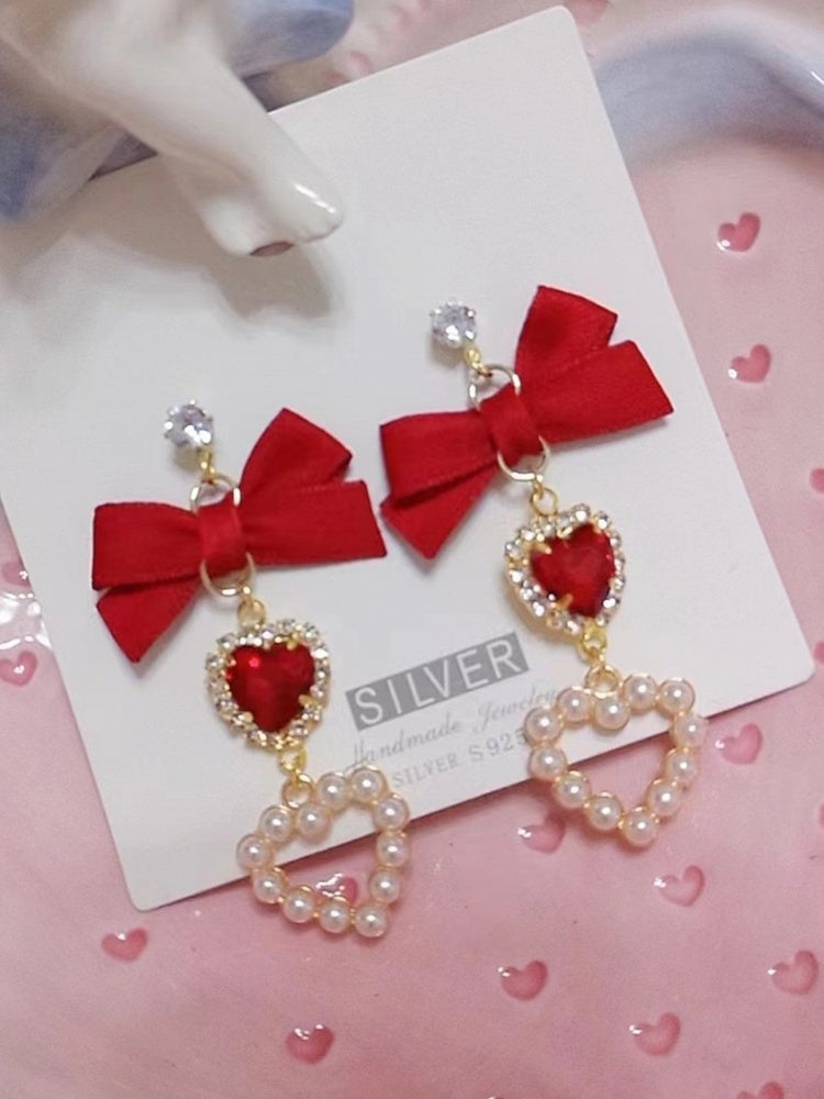 Kei Jirai Earrings Heart Rhinestone Bowknot
