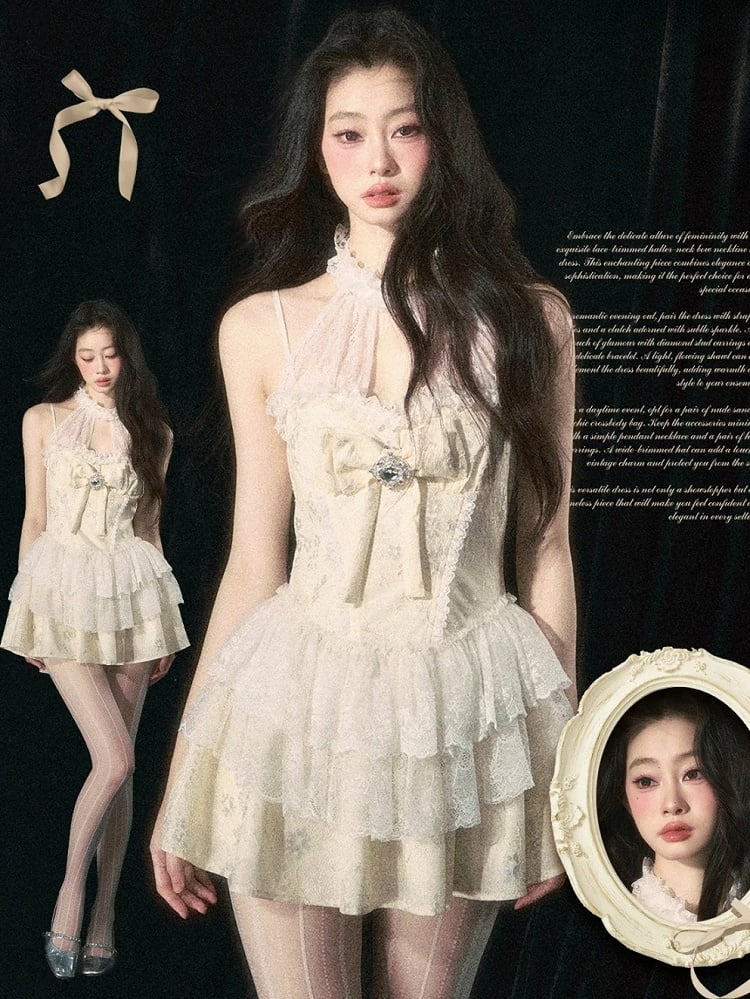 アプリコットホルターネックリボンティアードスカートドレス