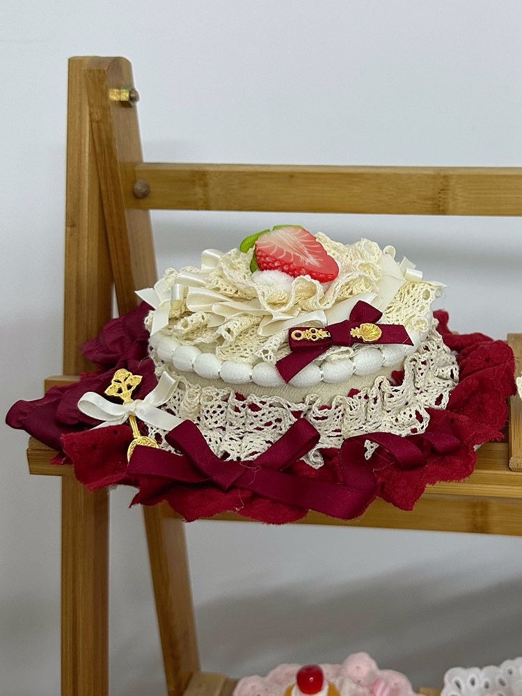 Lolita Strawberry Mini Hat Red Clips White Lace Sweet With