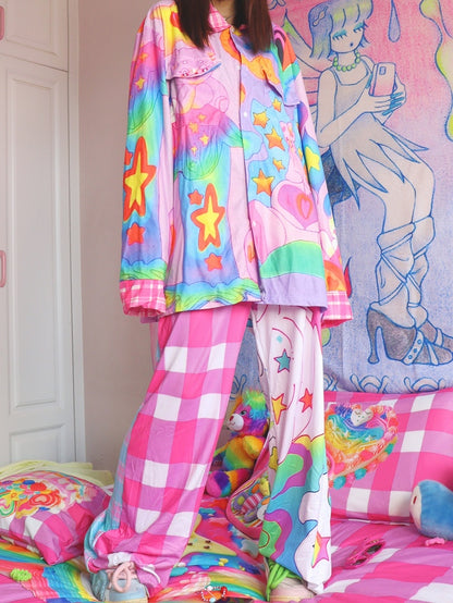 Y2K Print Star Colorful Pants Pattern Plaid Flare Silhouette