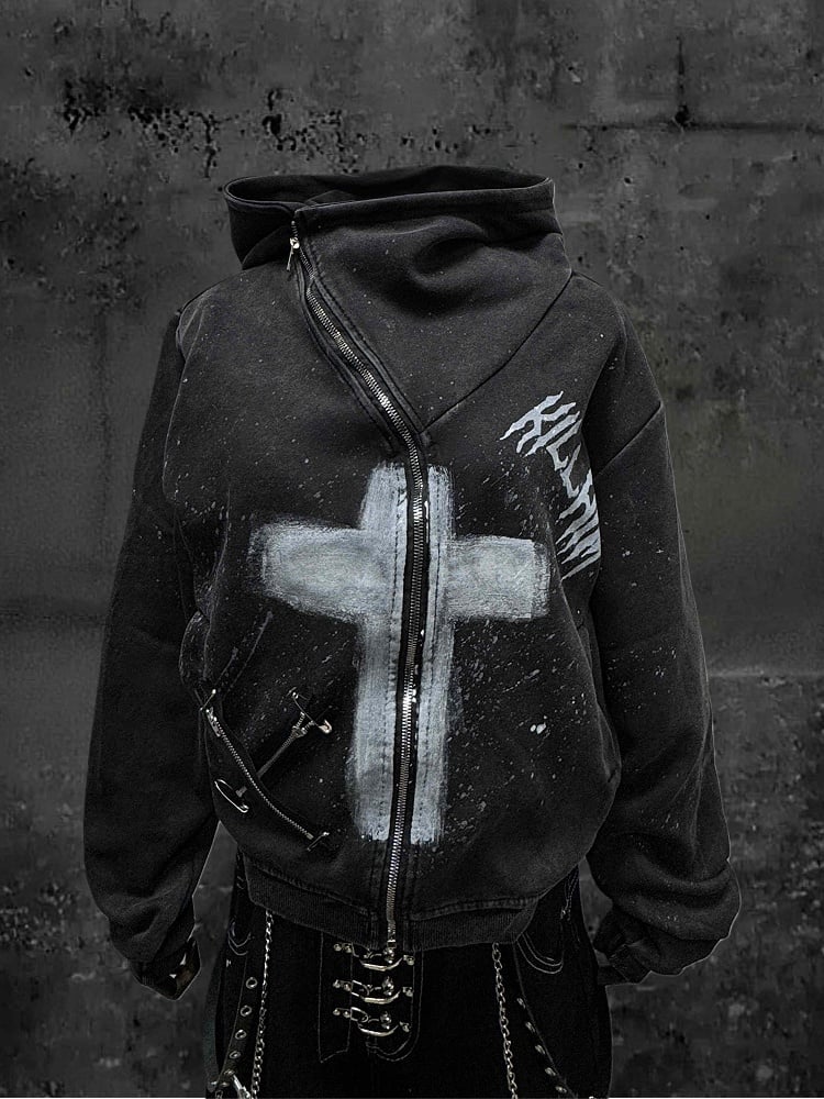 Design Wasteland Gray Punk and Hoodie Zip-Up Cross Wash with Faded