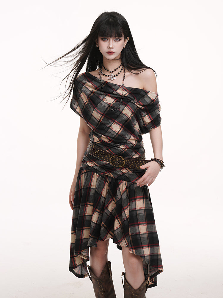 Hem Black Asymmetric Red Flounce Ruched with Apricot Neck Dress Plaid