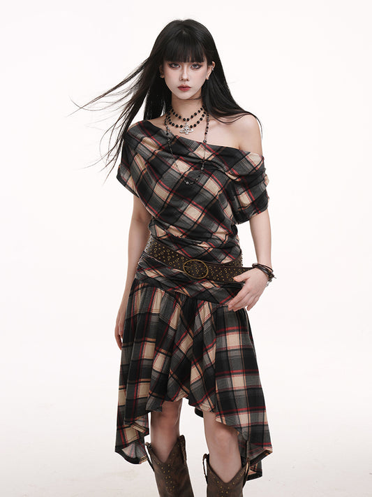 Hem Black Asymmetric Red Flounce Ruched with Apricot Neck Dress Plaid