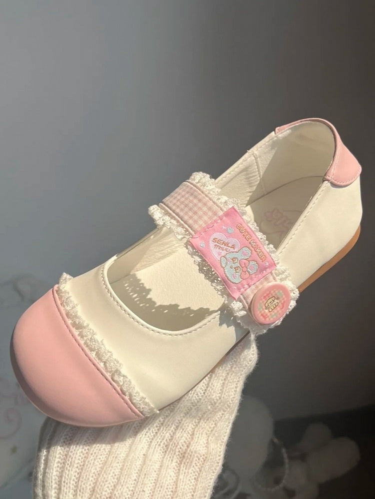 Strap Closures Plaid Lolita Flats White Toe Lace - Pink Trim Sweet Round Velcro