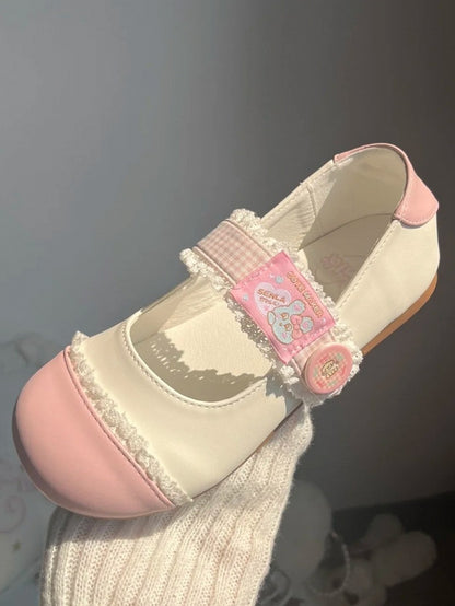 Strap Closures Plaid Lolita Flats White Toe Lace - Pink Trim Sweet Round Velcro
