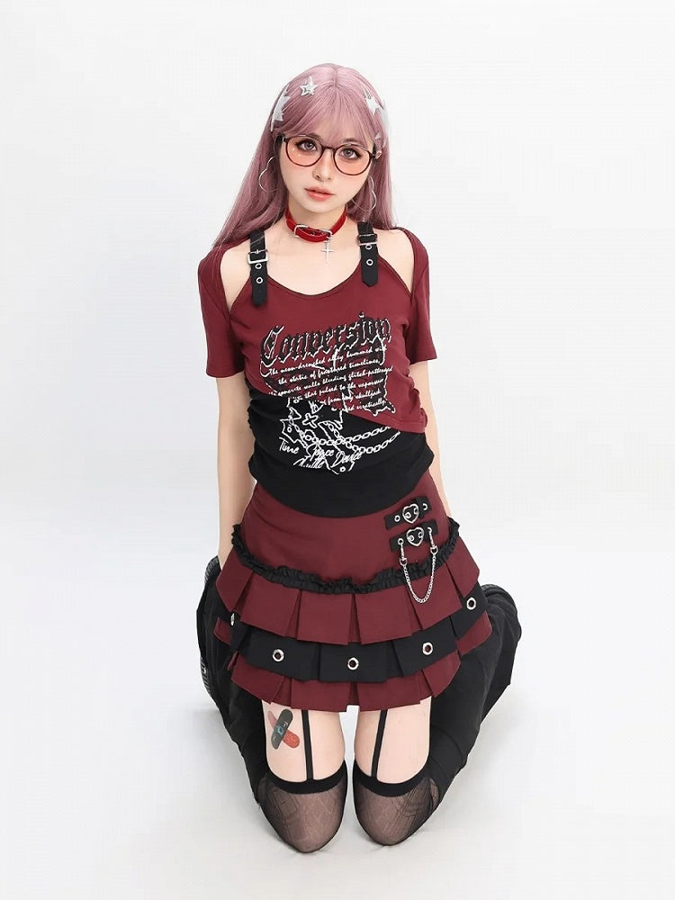 バタフライプリントTシャツ ショートカラーブロック カットアウトショルダーバージョン レッド/ピンク/パープル Y2K