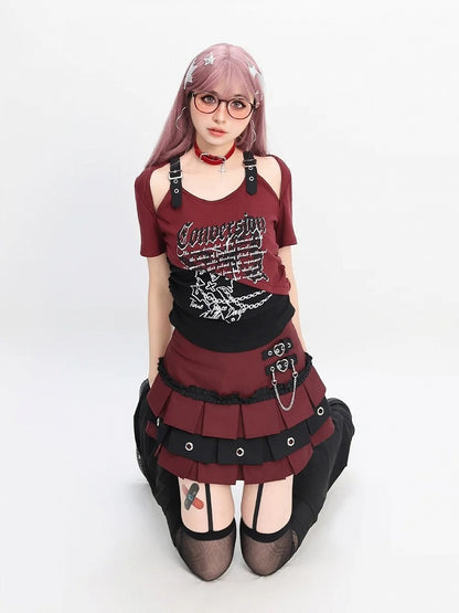 バタフライプリントTシャツ ショートカラーブロック カットアウトショルダーバージョン レッド/ピンク/パープル Y2K