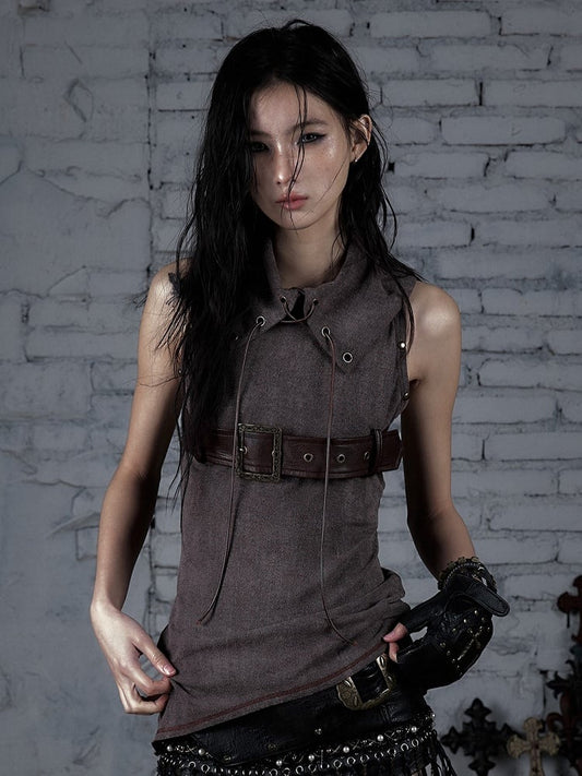 Knit Studded Grey Lace-ups Belt Top Brown Tank Light Punk Buckle with Crisscross