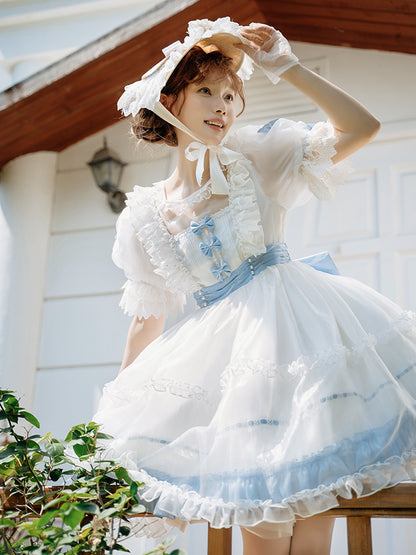 Lolita Bow Dress with Blue Accents and Classic Ruffle White