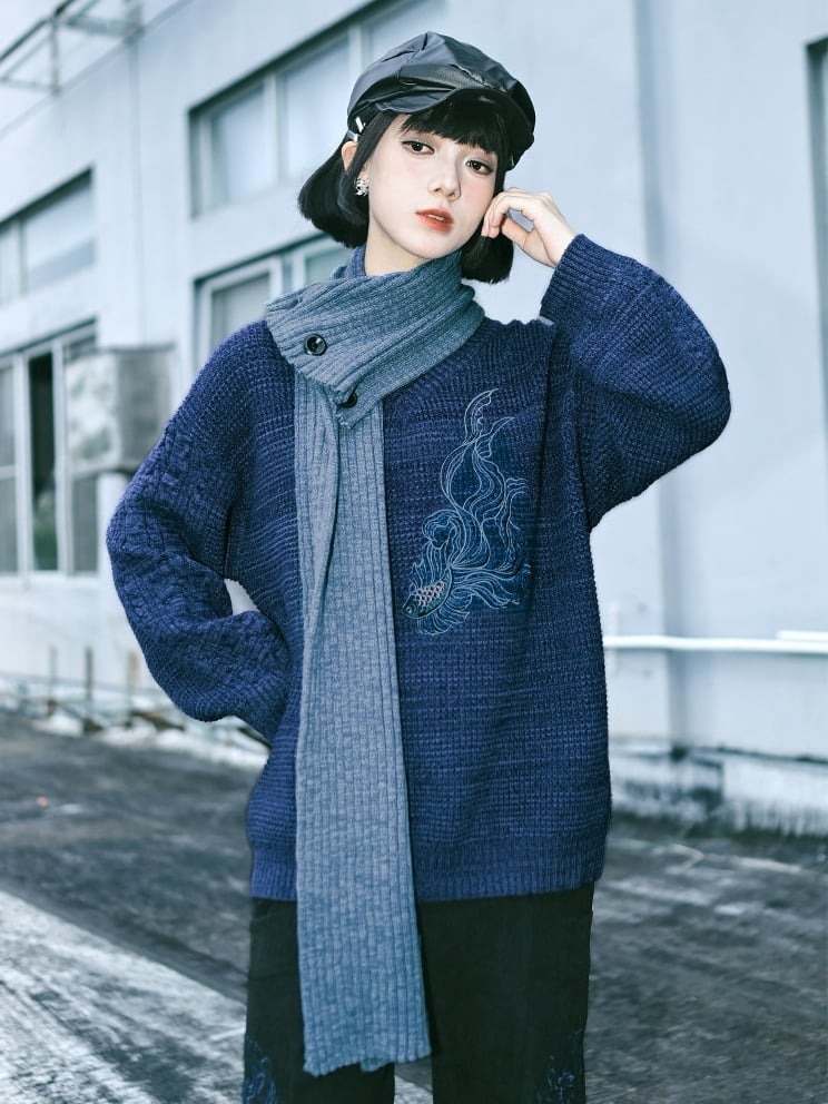 Scarf with Set Embroidery Gothic Goldfish Sweater V-Neck Blue