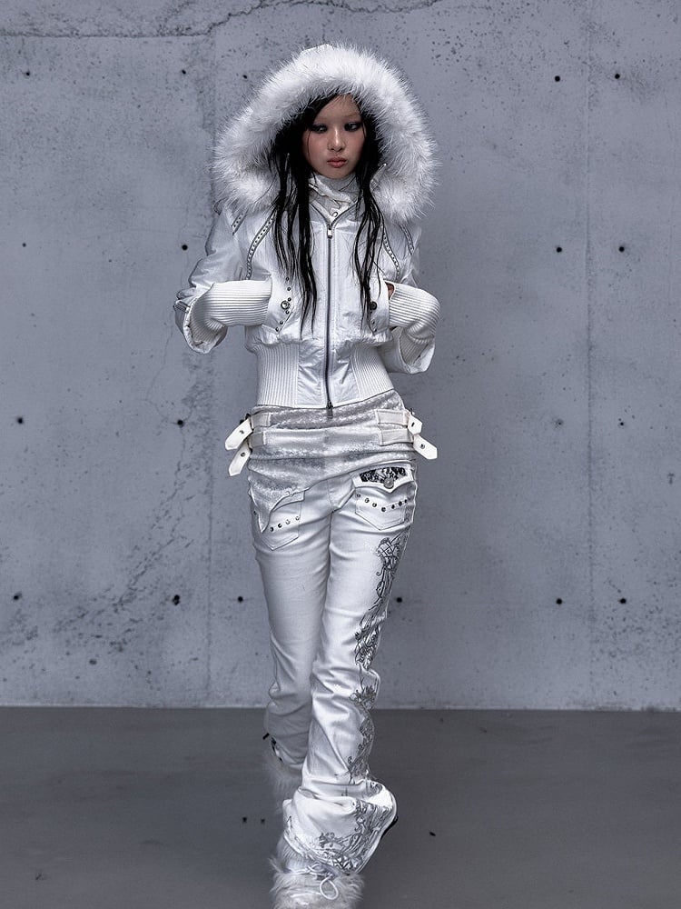 Hoodie Placket Two-Way Wasteland White Knitted Jacket Sleeves with Zip Punk