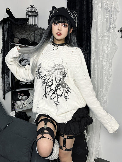 White Centipede Print Distressed Sweater - Alita26SS