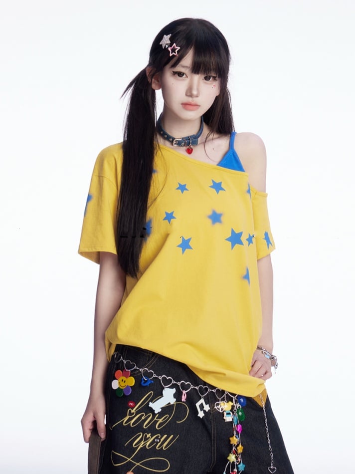 スターフェイクアシンメトリーTシャツ ブループリント ネックライン イエロー