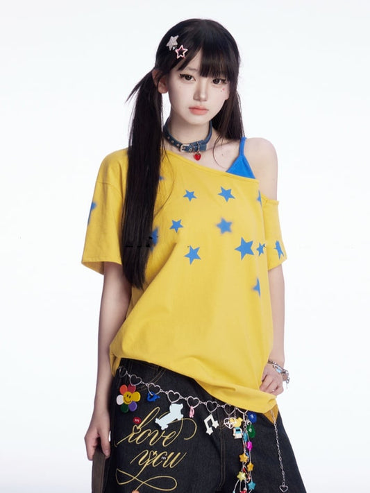 スターフェイクアシンメトリーTシャツ ブループリント ネックライン イエロー