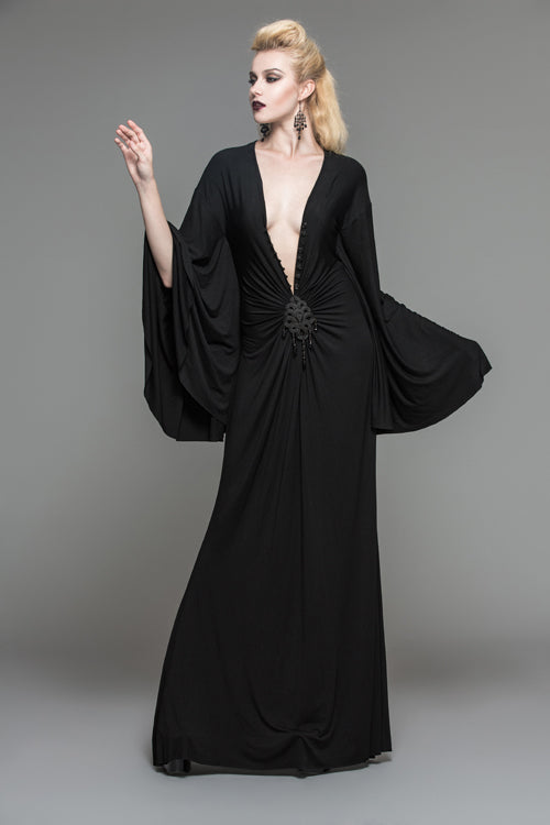 Black Frog Button Bat Sleeve Deep V-Neck Gothic Dress for Women