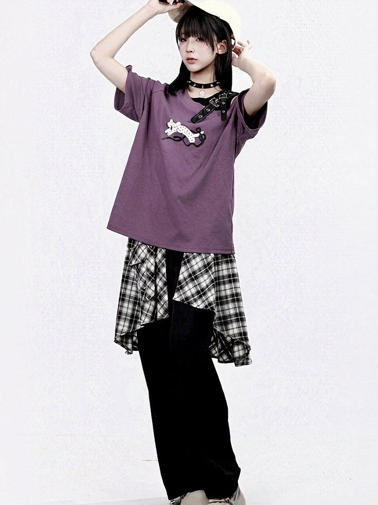 Asymmetrical Plaid Overlay Straight-Leg Pants - PINK SAVIOR