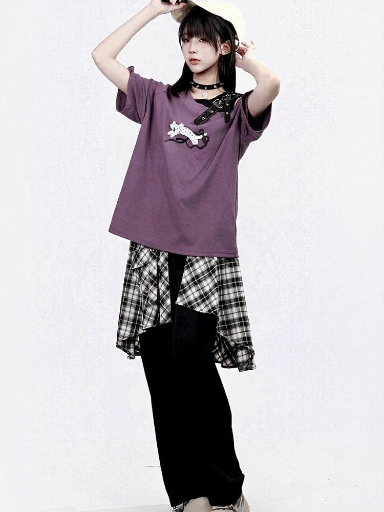 Dusty Purple Off-Shoulder Tee with Leopard Print and Buckle Accent - PINK SAVIOR