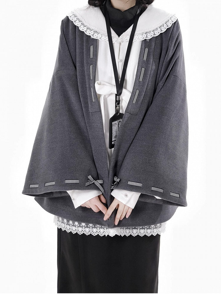 Dark Grey Bow Accents Open Placket Woolen Coat