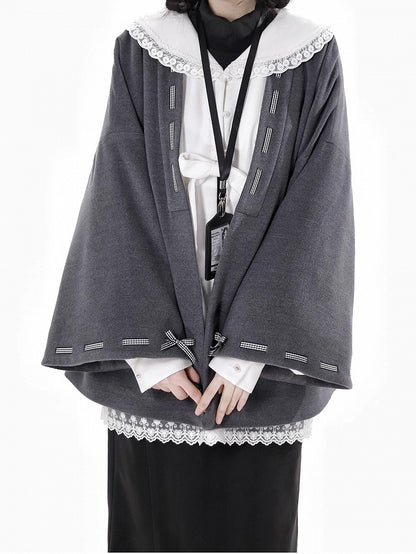 Dark Grey Bow Accents Open Placket Woolen Coat