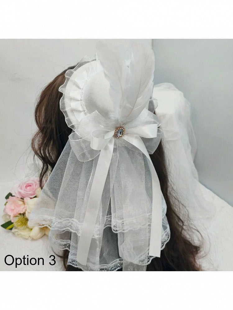 Kawaii White Feather Lolita Mini Hat with Lace Design - Ye Cheng Hair Accessory