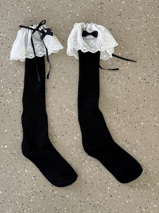 Bow Ribbed Lace Stockings Ruffled with