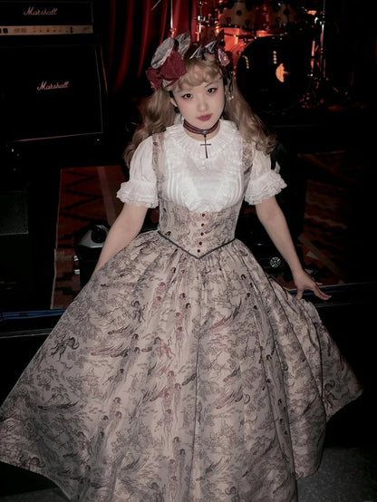 Under Skirt Lolita Wood Animals Red Boned Print Jumper Waist Bust Basque and