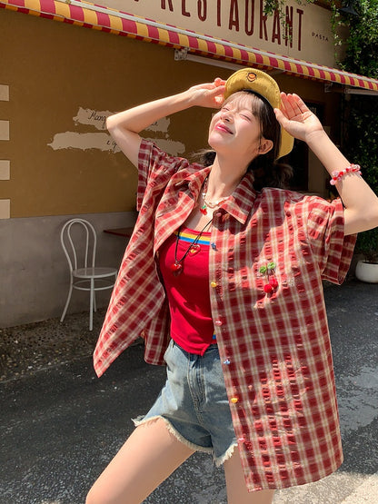 チェックシャツセット レッドフェイクツーピースキャミソールトップ（レッド）