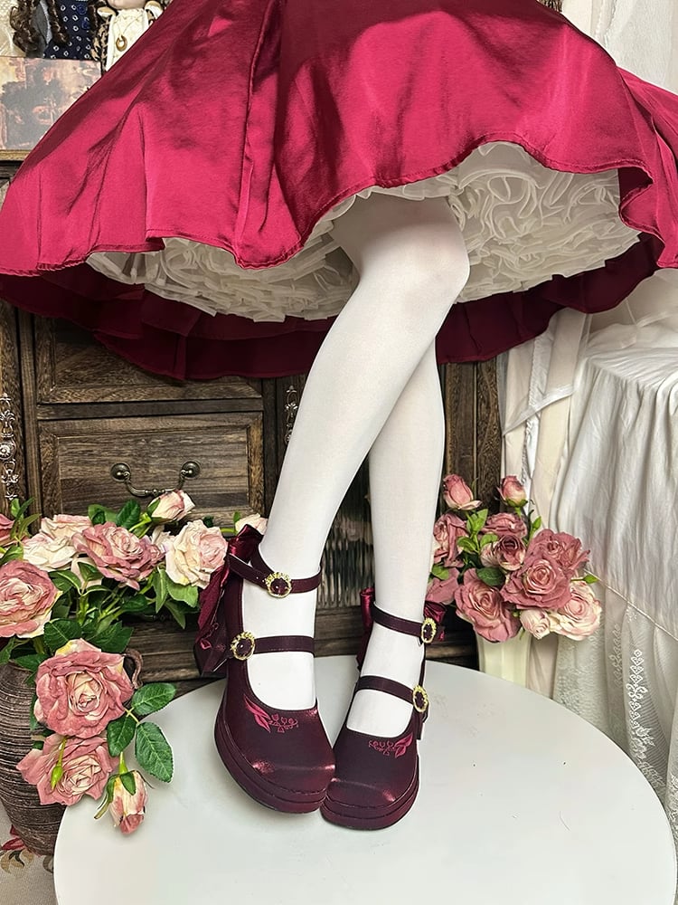 Mary die abnehmbare Stickerei Middle Janes Bowknot Red Lily Valley Wine of Heels