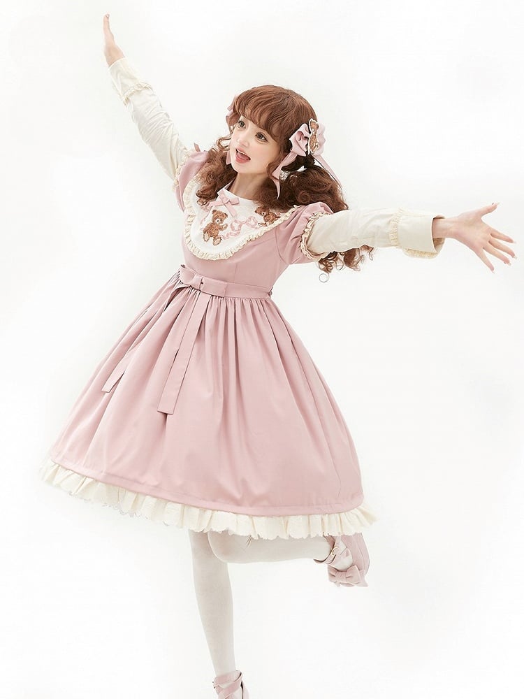Lace Sleeves Lolita Neckline Embroidered Teddy Dresswith Bear Pink Sweet Trim Puff