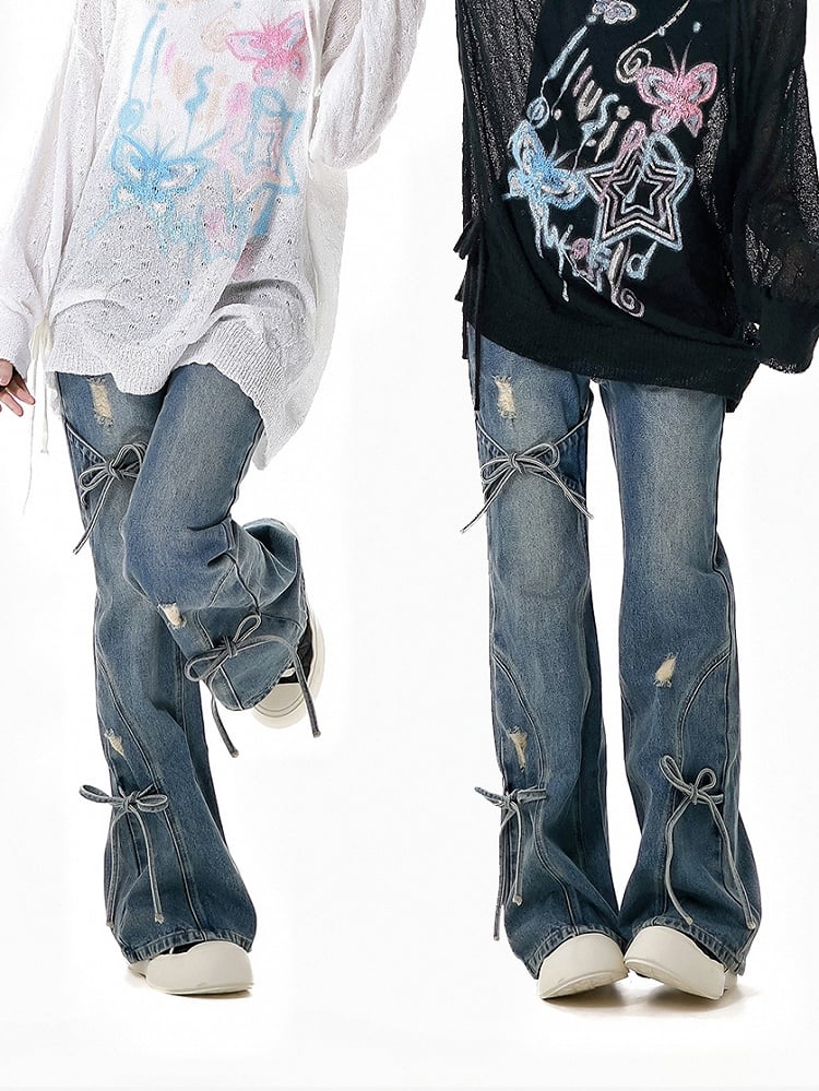 Jeans mit Schleifenakzenten, Schlaghose, Blau, verblasste Waschung, Distressed-Löcher, leicht