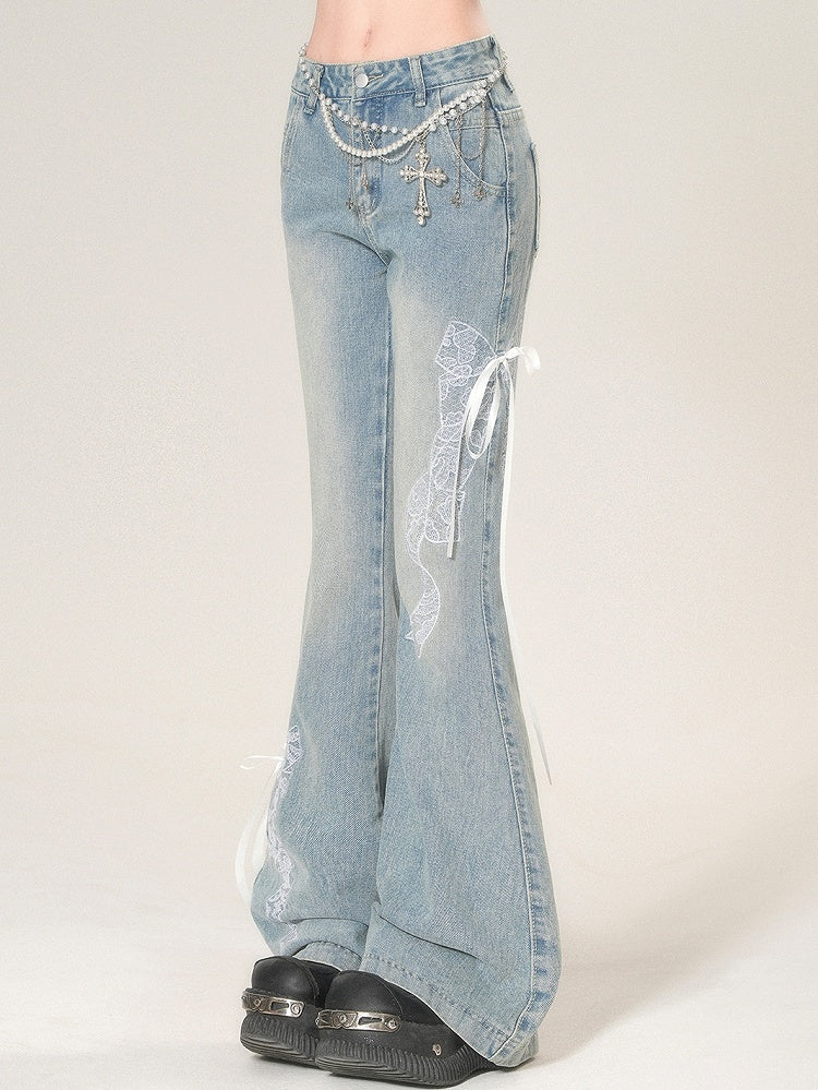 Bowknot Silhouette Flare Bestickte Spitze Glamouröse Jeans Blau