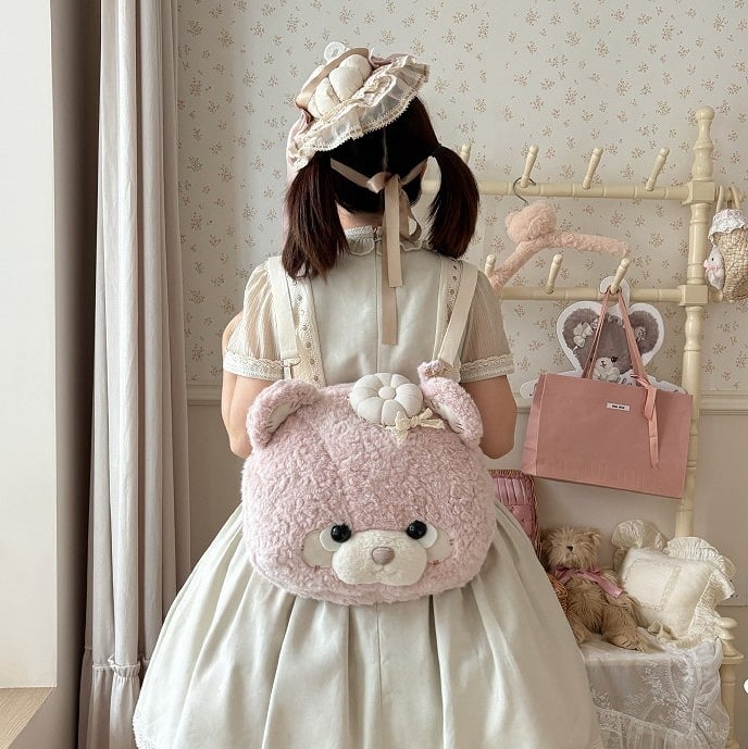 Lolita Teddy Face Large Plush Bear Brown/Pink/White Backpack/Handbag